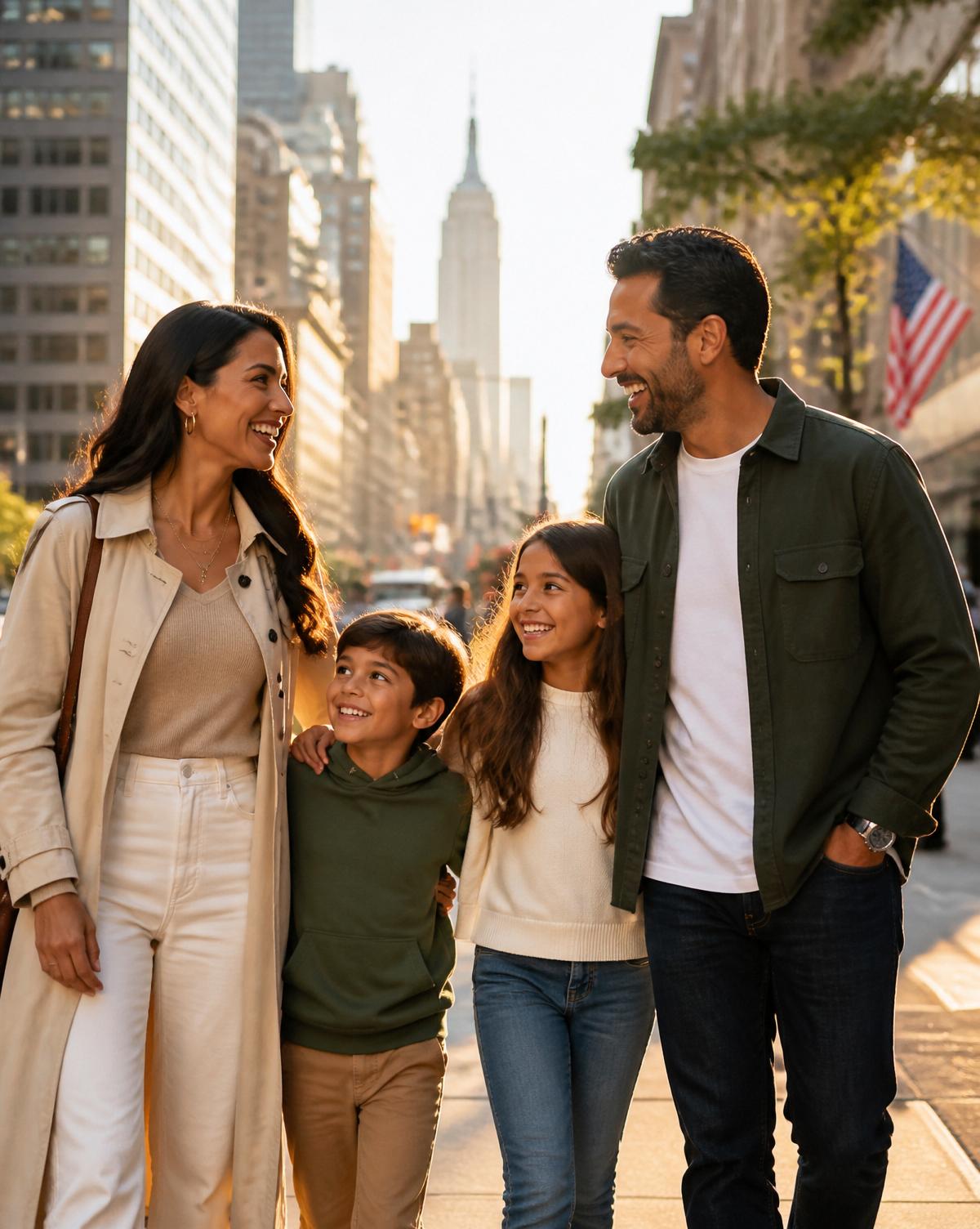 Família brasileira caminhando por uma rua de Nova York ao entardecer